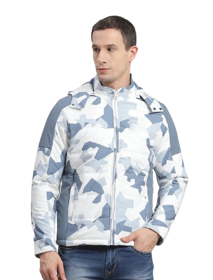 Men White Printed Hooded Full Sleeve Jacket