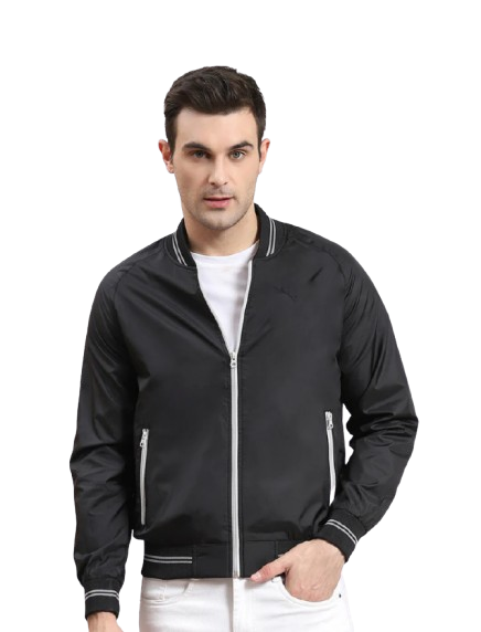 Men Black Solid Mandarin Collar Full Sleeve Jacket